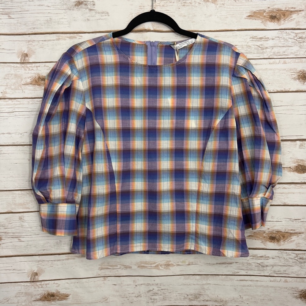 Zara Madras Plaid Puff Sleeve Blouse NWT Large